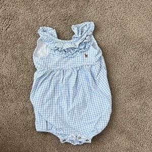 Ralph Lauren baby girl romper /bubble. Light blue gingham pattern w/ruffle trim